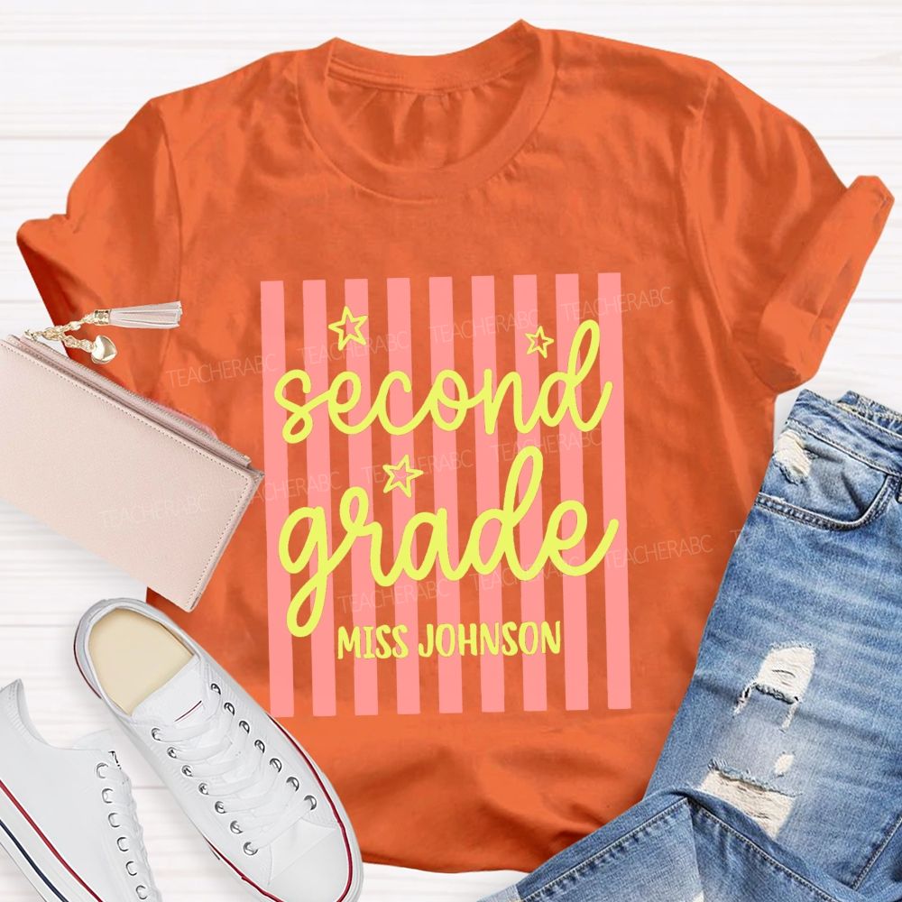 Personalized Grade And Name Little Colorful Strip Teacher T-Shirt