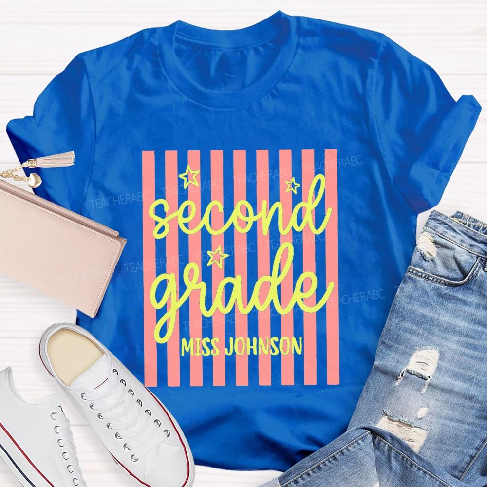 Personalized Grade And Name Little Colorful Strip Teacher T-Shirt