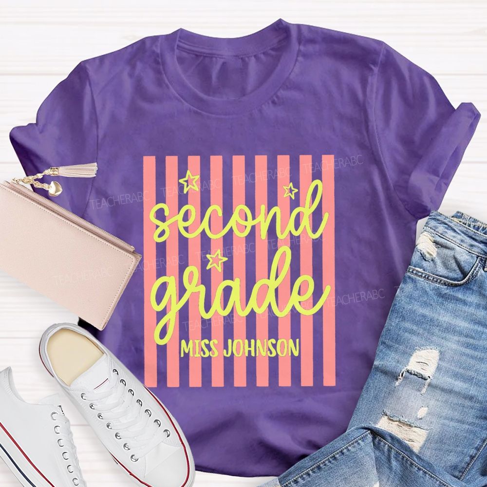 Personalized Grade And Name Little Colorful Strip Teacher T-Shirt