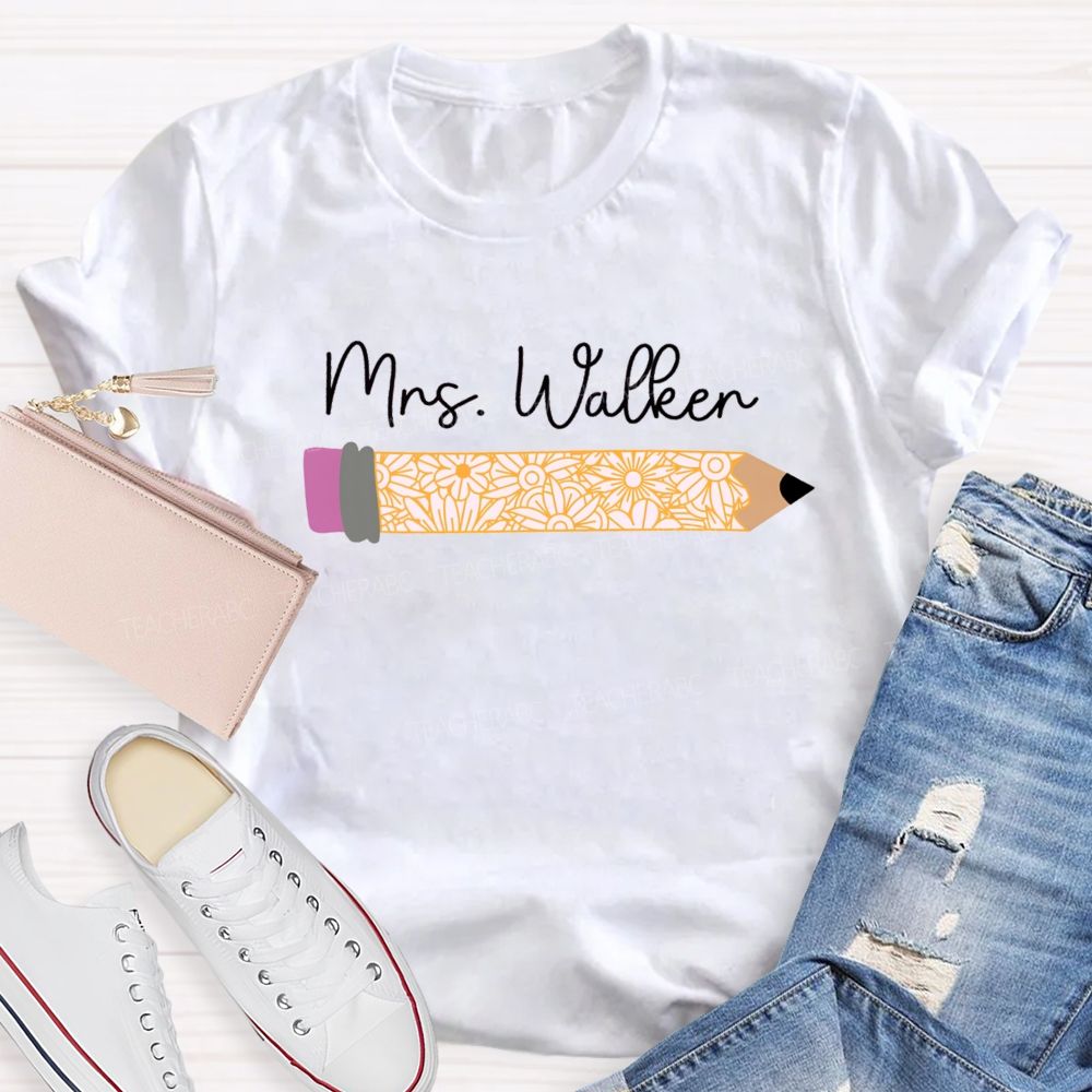Personalized Name Vintage-Style Floral And Pencil Print Teacher T-Shirt