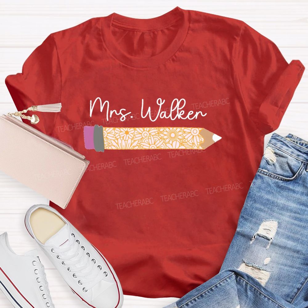 Personalized Name Vintage-Style Floral And Pencil Print Teacher T-Shirt