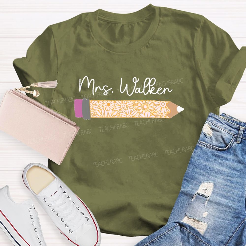 Personalized Name Vintage-Style Floral And Pencil Print Teacher T-Shirt