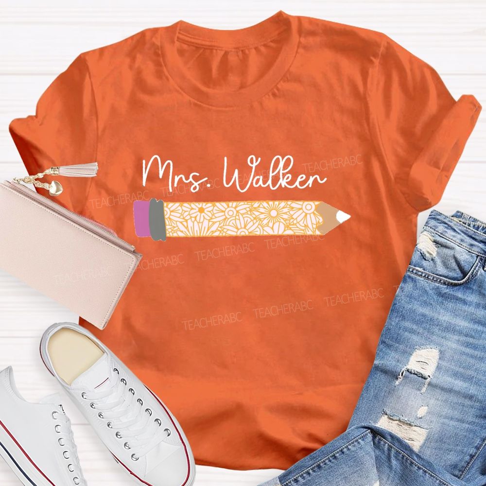 Personalized Name Vintage-Style Floral And Pencil Print Teacher T-Shirt
