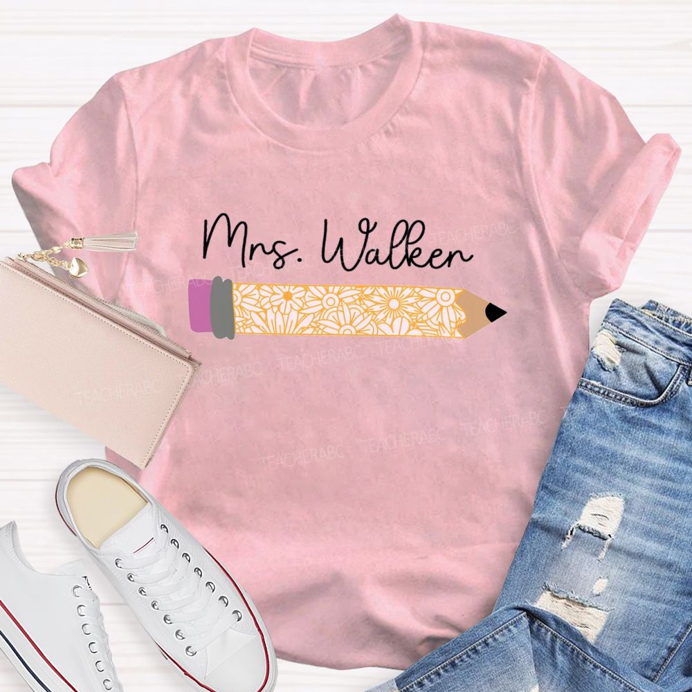 Personalized Name Vintage-Style Floral And Pencil Print Teacher T-Shirt