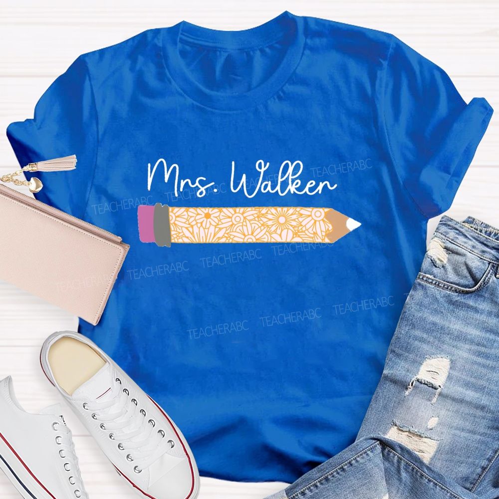 Personalized Name Vintage-Style Floral And Pencil Print Teacher T-Shirt