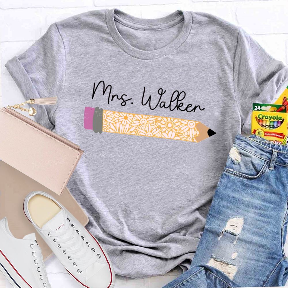 Personalized Name Vintage-Style Floral And Pencil Print Teacher T-Shirt