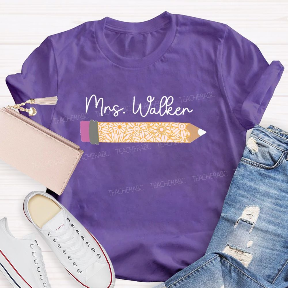 Personalized Name Vintage-Style Floral And Pencil Print Teacher T-Shirt