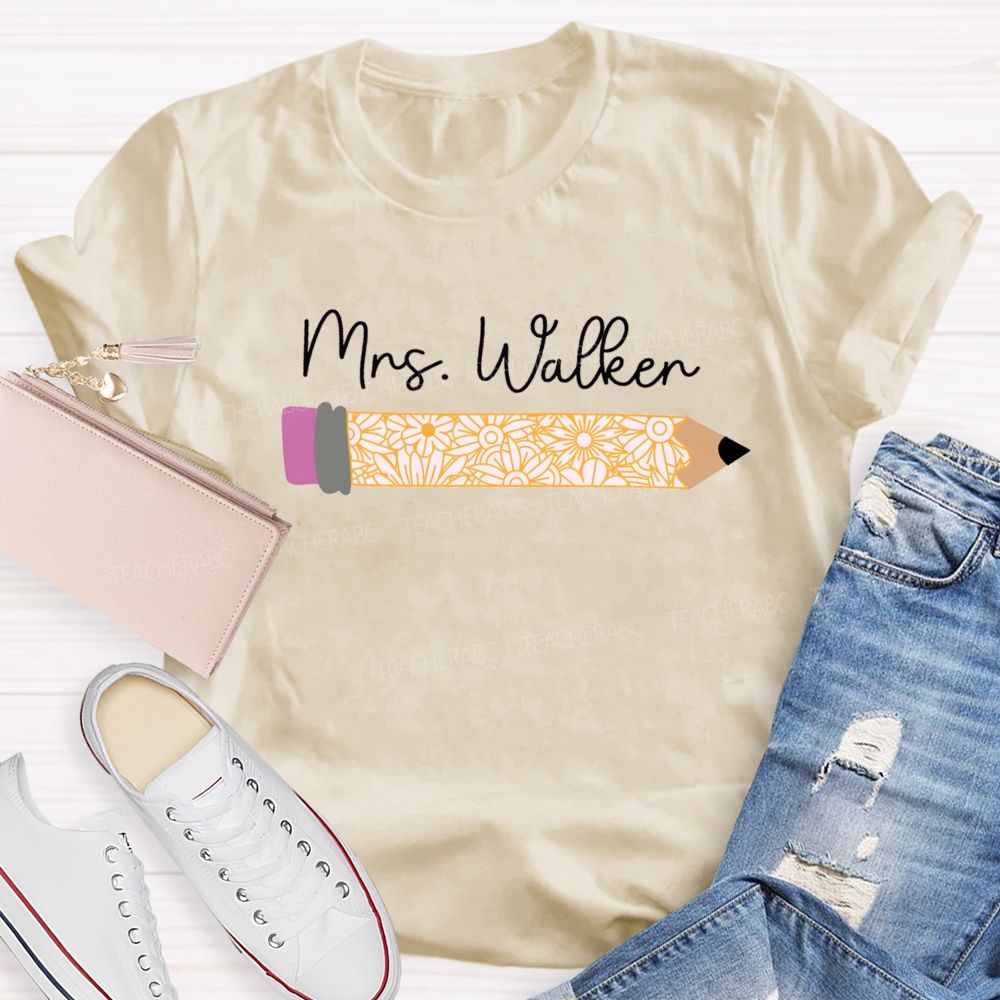 Personalized Name Vintage-Style Floral And Pencil Print Teacher T-Shirt