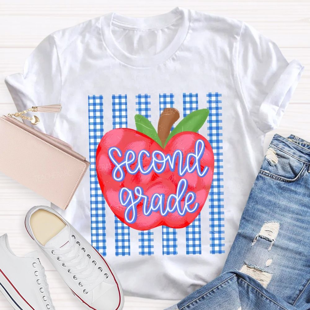 Personalized Grade Fresh Blue Plaid Apple Teacher T-Shirt