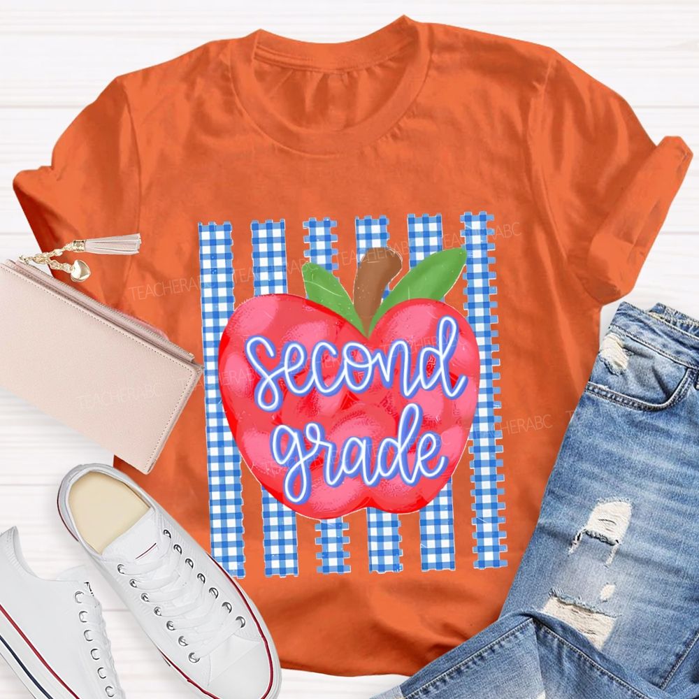 Personalized Grade Fresh Blue Plaid Apple Teacher T-Shirt