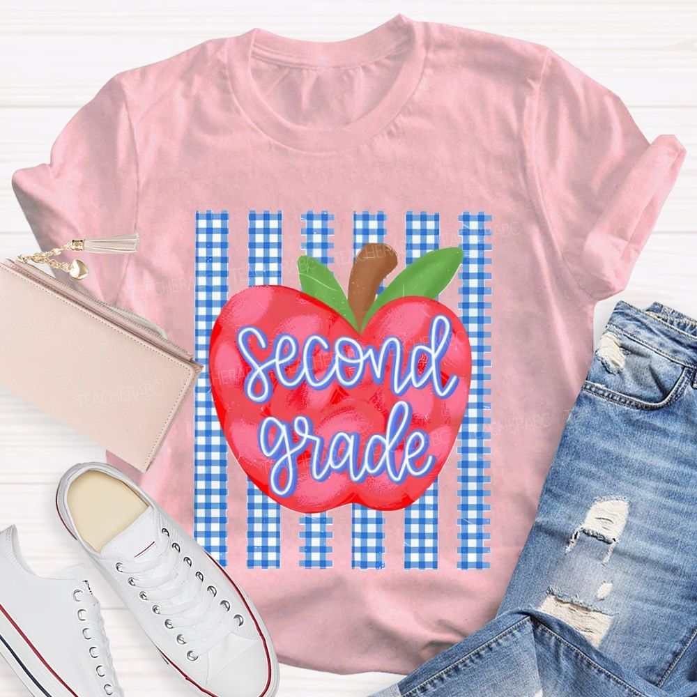 Personalized Grade Fresh Blue Plaid Apple Teacher T-Shirt