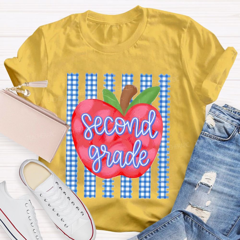 Personalized Grade Fresh Blue Plaid Apple Teacher T-Shirt
