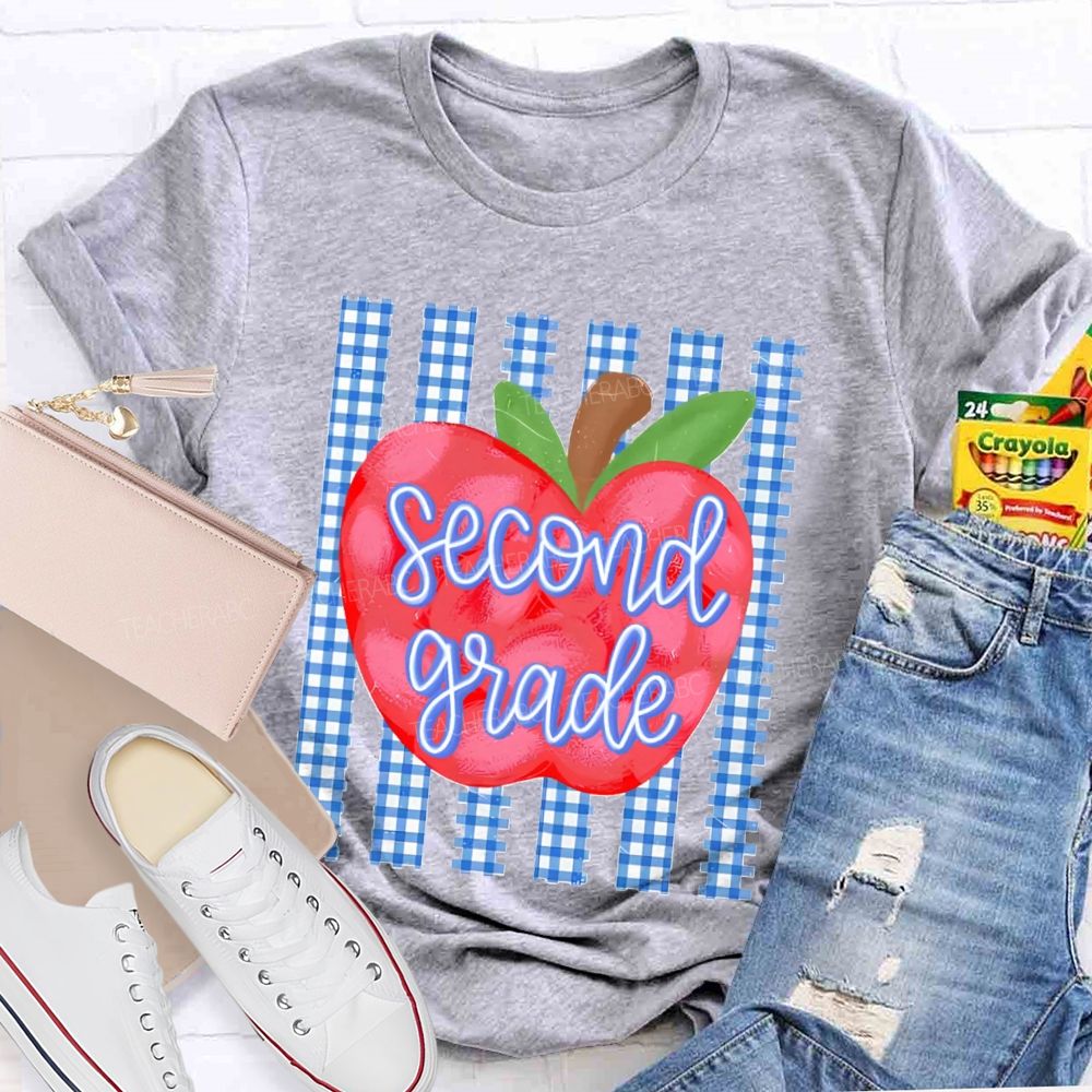 Personalized Grade Fresh Blue Plaid Apple Teacher T-Shirt