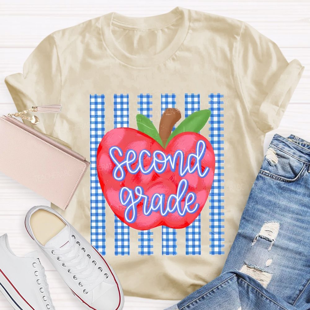 Personalized Grade Fresh Blue Plaid Apple Teacher T-Shirt