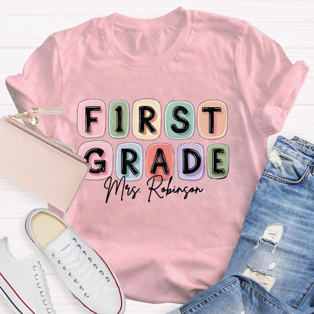 Personalized Grade And Name Jelly-Like Colorful Grid Print Teacher T-Shirt