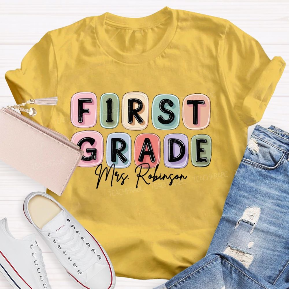 Personalized Grade And Name Jelly-Like Colorful Grid Print Teacher T-Shirt