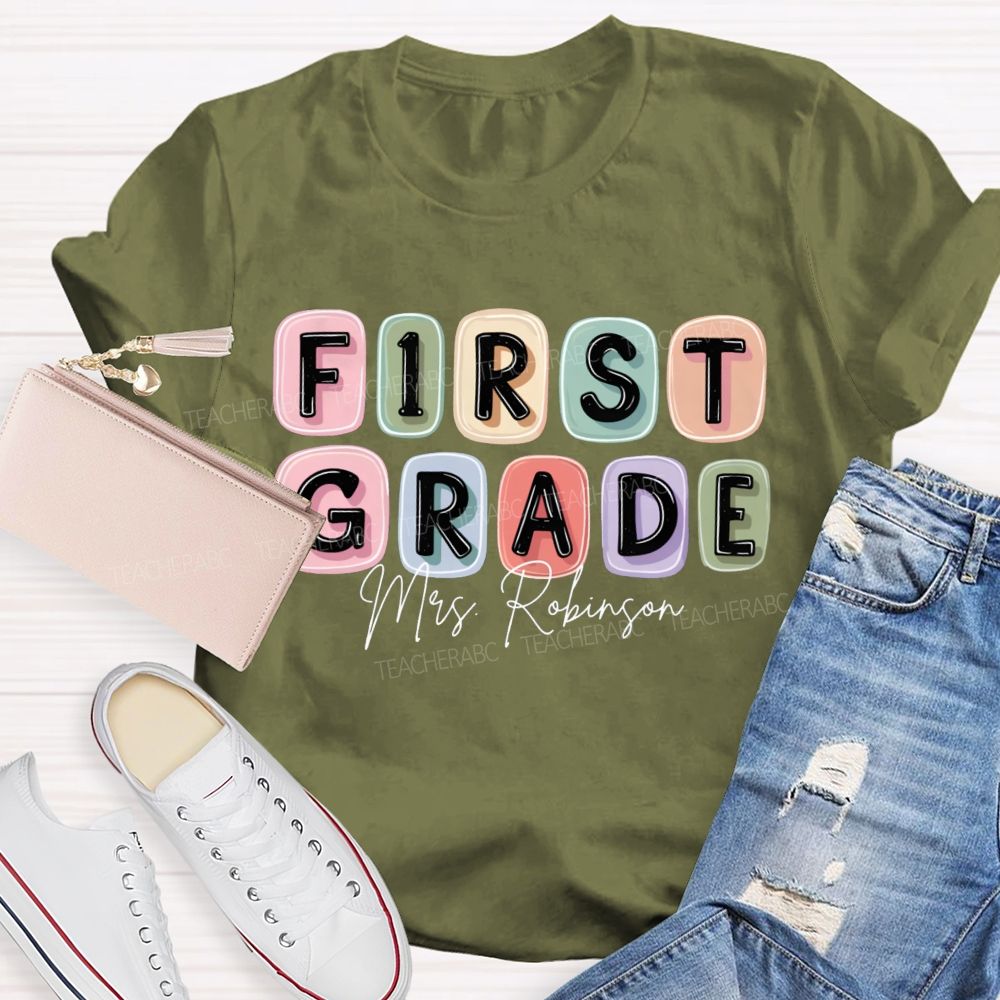 Personalized Grade And Name Jelly-Like Colorful Grid Print Teacher T-Shirt