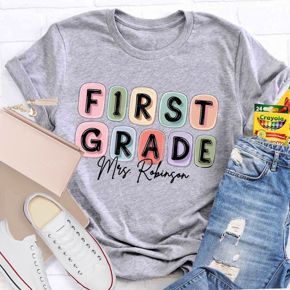 Personalized Grade And Name Jelly-Like Colorful Grid Print Teacher T-Shirt