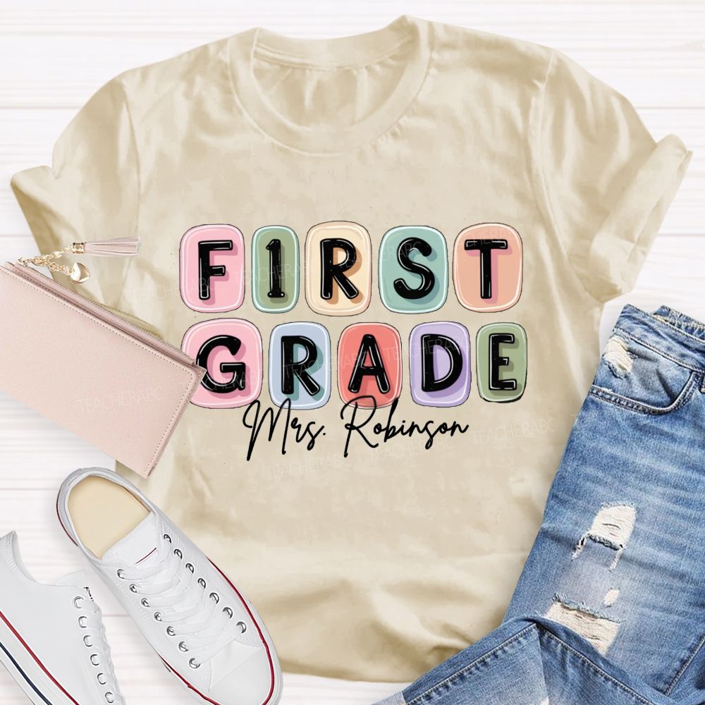 Personalized Grade And Name Jelly-Like Colorful Grid Print Teacher T-Shirt