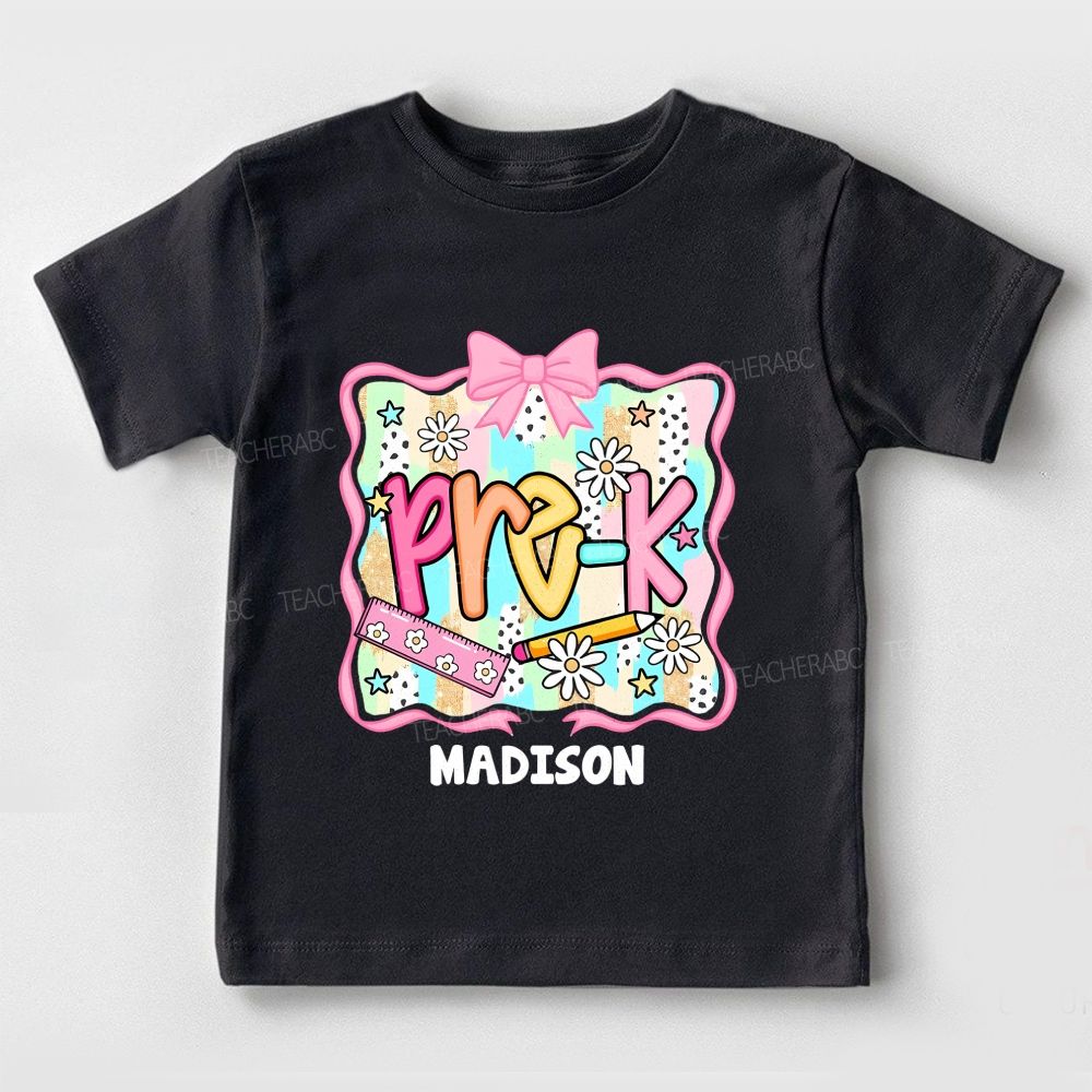 Personalized Name And Grade Bows And Daisies Pre-K Toddler T-shirts
