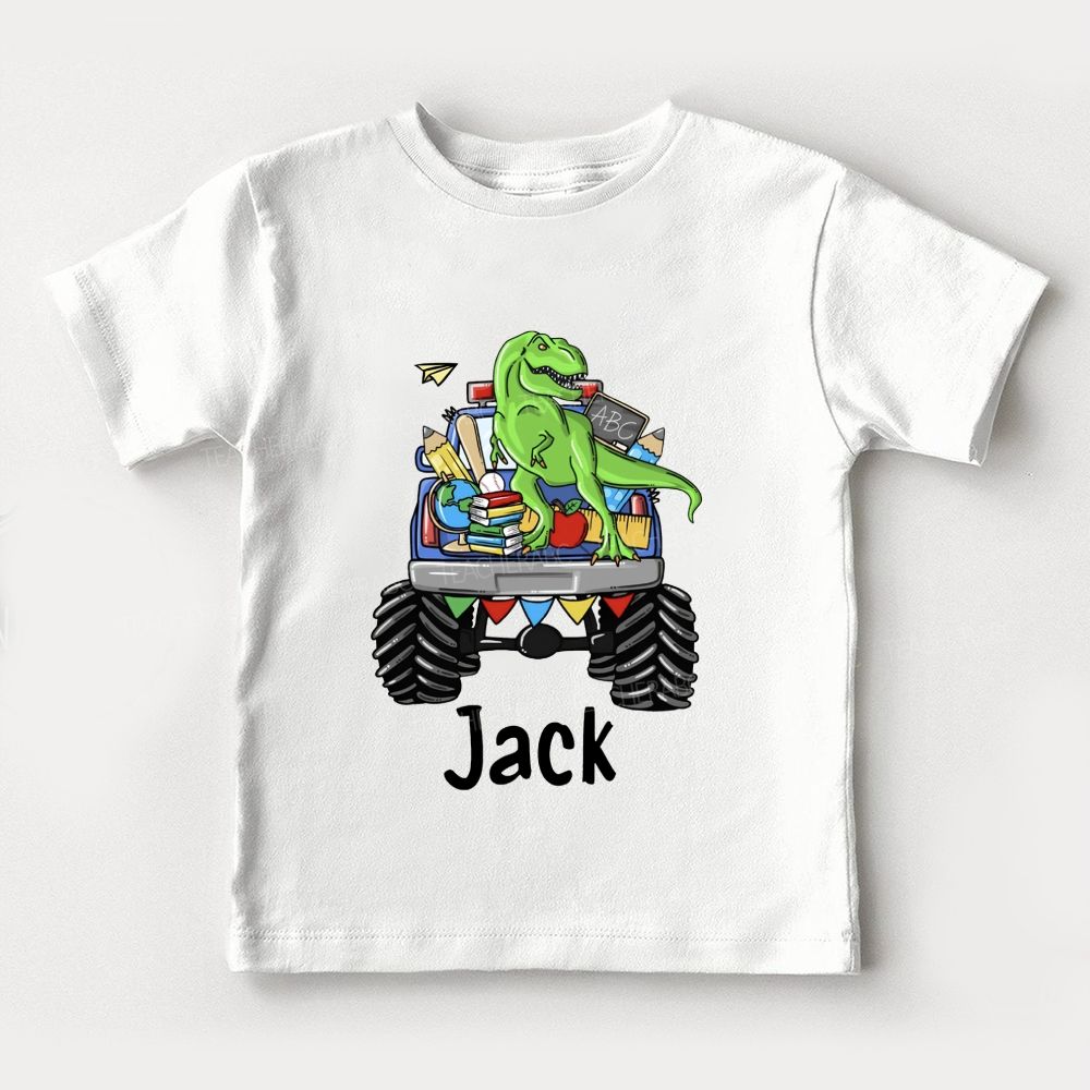 Personalized Name Dino Monster Truck School Run Toddler T-shirts