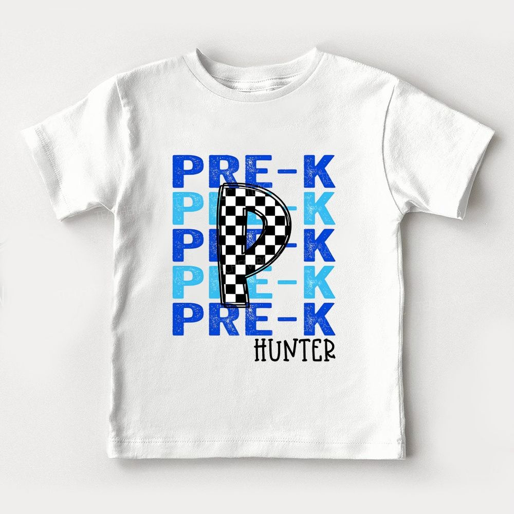Personalized Name And Grade Checkered Into Kindergarten Toddler T-shirts
