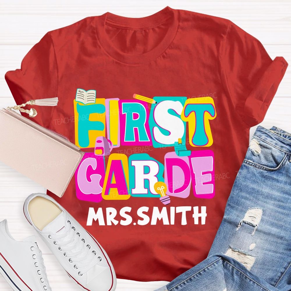 Personalized Grade And Name Colorful Letter Squad Pencil Teacher T-shirt