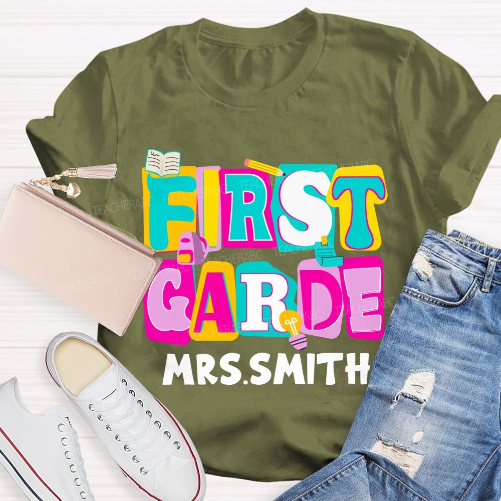 Personalized Grade And Name Colorful Letter Squad Pencil Teacher T-shirt