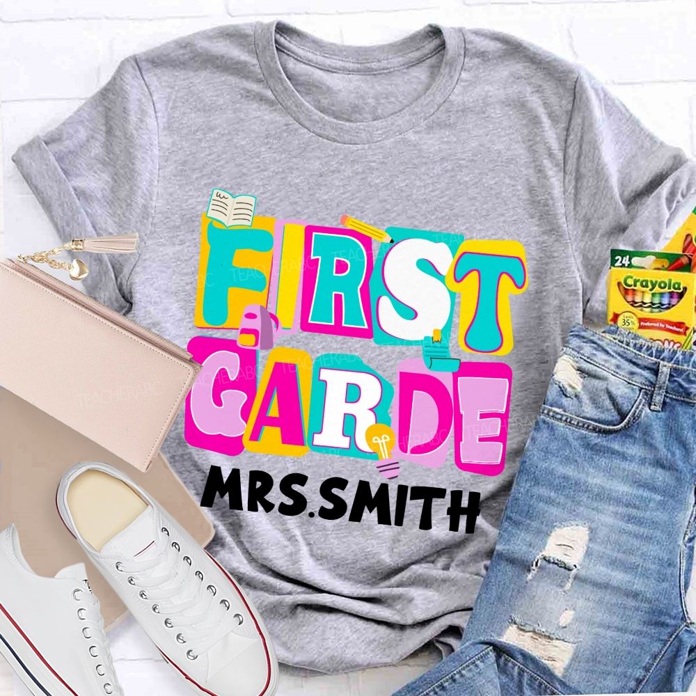 Personalized Grade And Name Colorful Letter Squad Pencil Teacher T-shirt