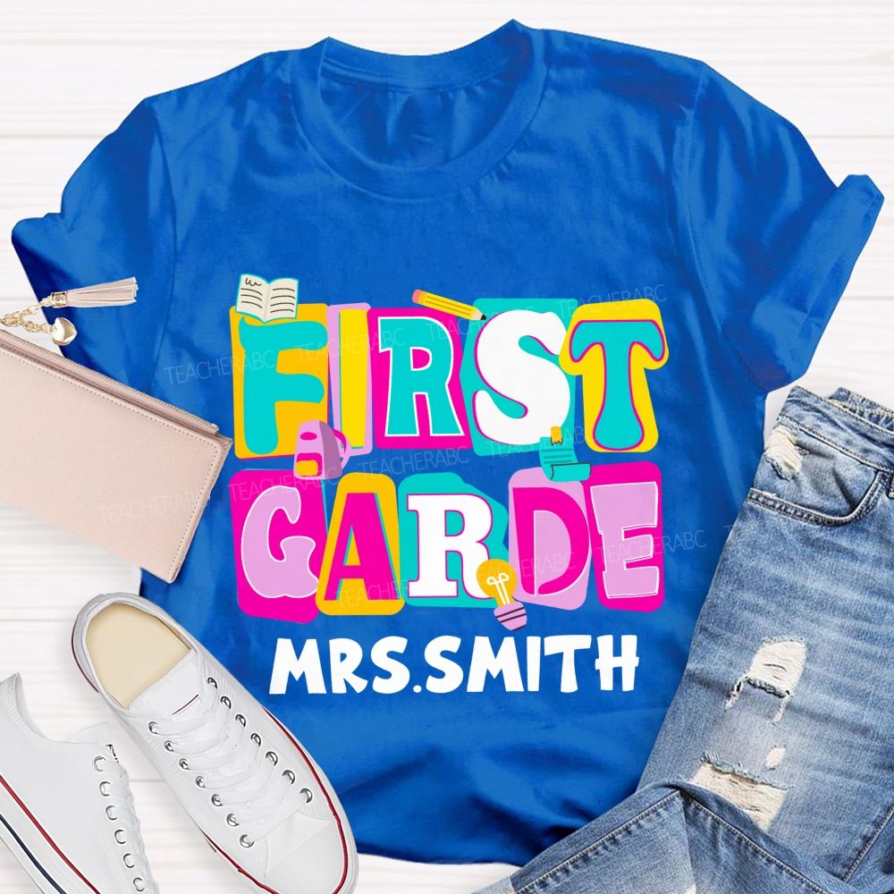 Personalized Grade And Name Colorful Letter Squad Pencil Teacher T-shirt