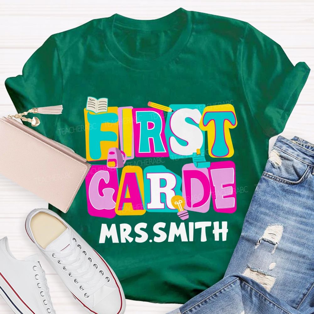 Personalized Grade And Name Colorful Letter Squad Pencil Teacher T-shirt