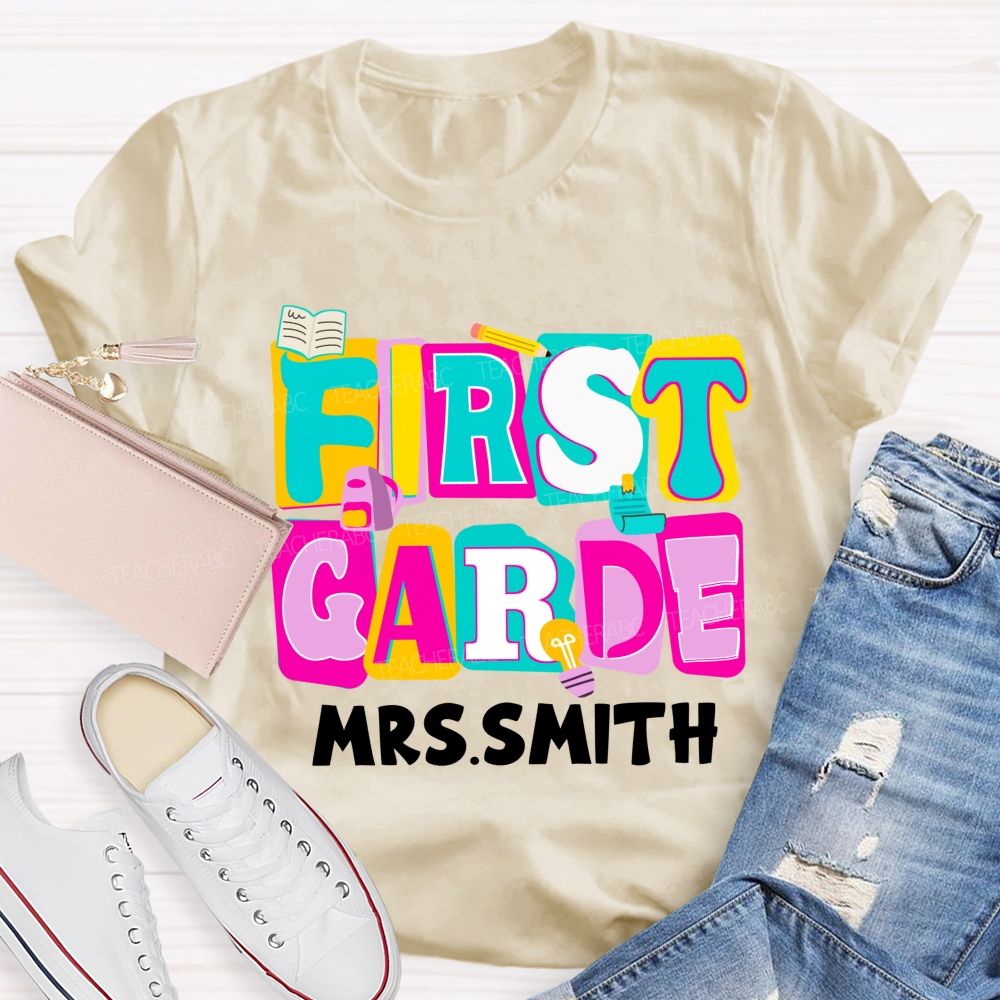 Personalized Grade And Name Colorful Letter Squad Pencil Teacher T-shirt