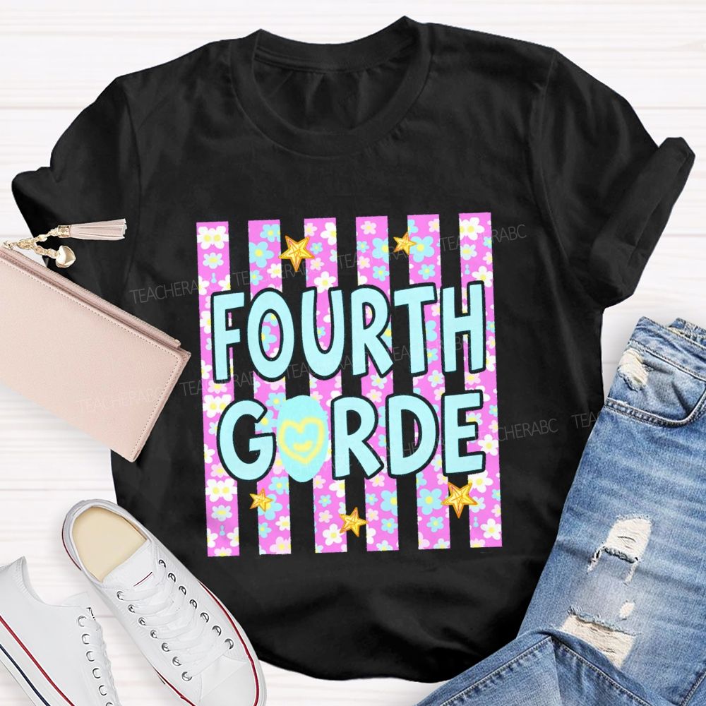 Personalized Grade Star Floral Strip Teacher T-shirt