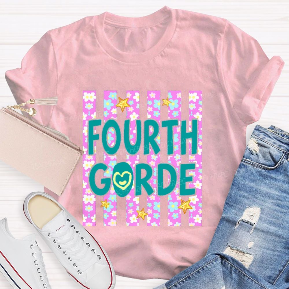 Personalized Grade Star Floral Strip Teacher T-shirt