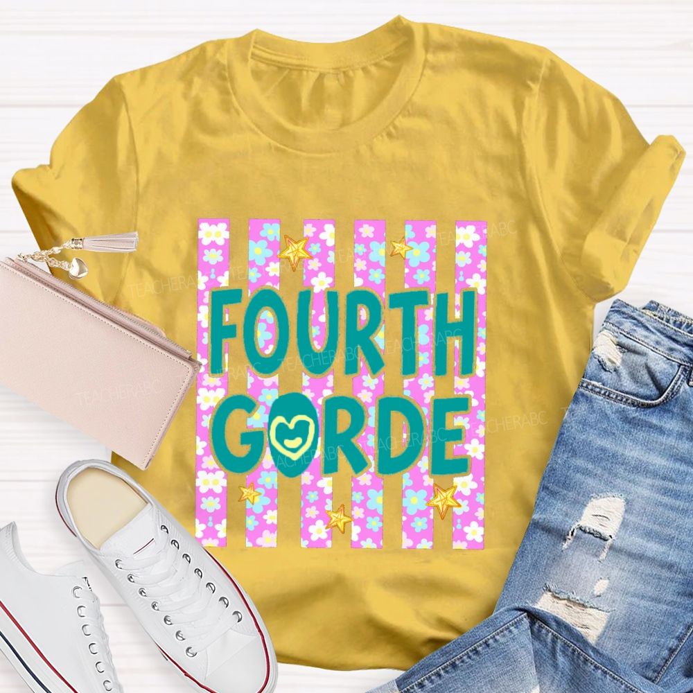 Personalized Grade Star Floral Strip Teacher T-shirt