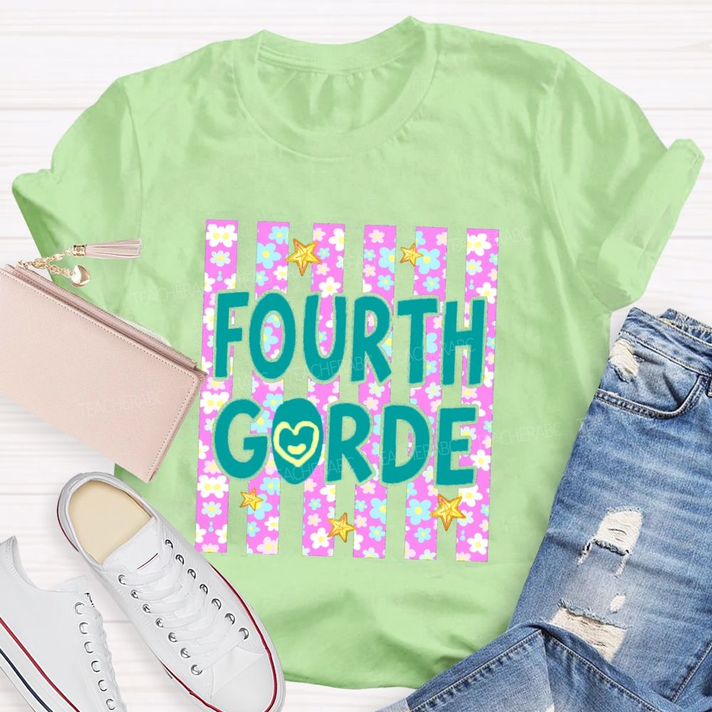 Personalized Grade Star Floral Strip Teacher T-shirt