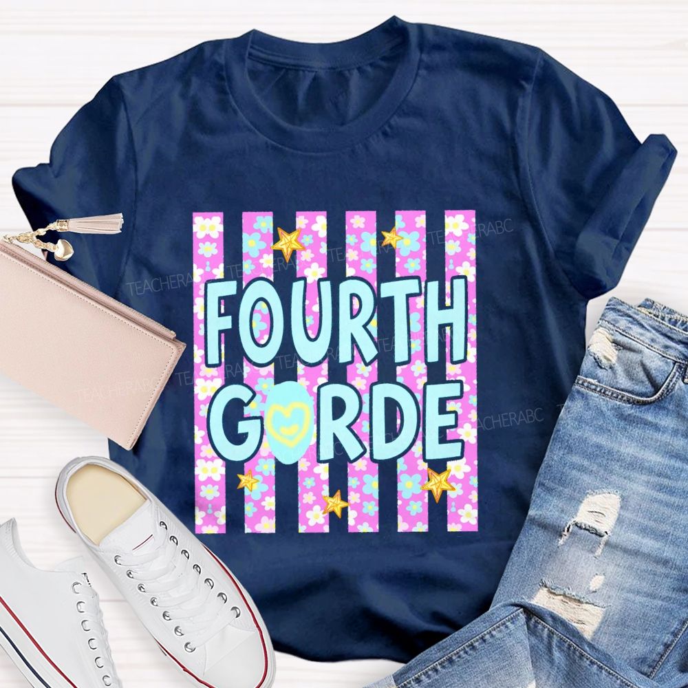 Personalized Grade Star Floral Strip Teacher T-shirt