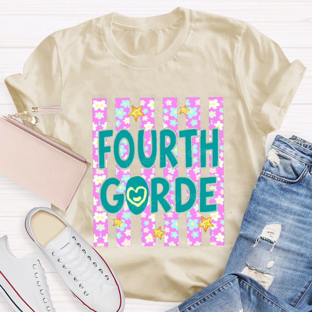 Personalized Grade Star Floral Strip Teacher T-shirt