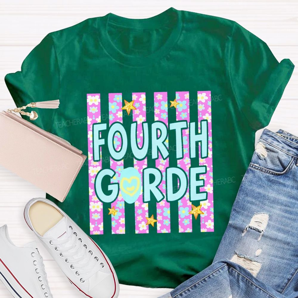 Personalized Grade Star Floral Strip Teacher T-shirt
