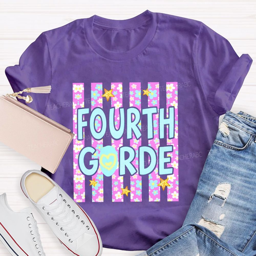 Personalized Grade Star Floral Strip Teacher T-shirt