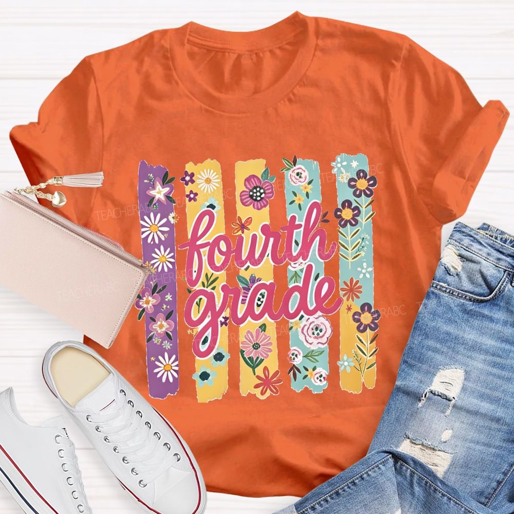 Personalized Grade Colorful Strip Flower Teacher T-shirt