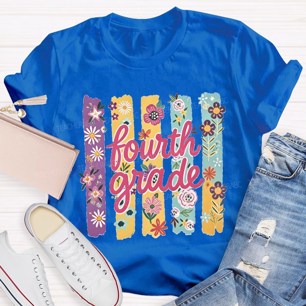 Personalized Grade Colorful Strip Flower Teacher T-shirt