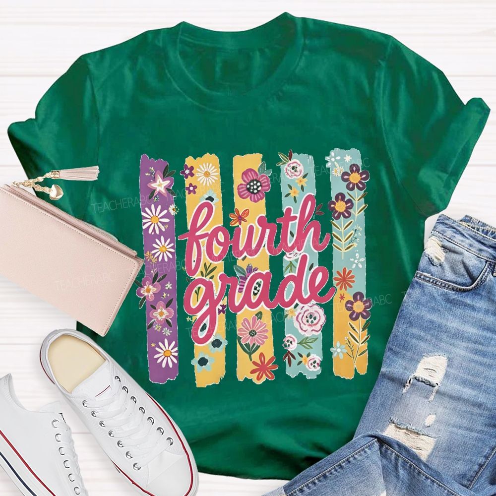 Personalized Grade Colorful Strip Flower Teacher T-shirt