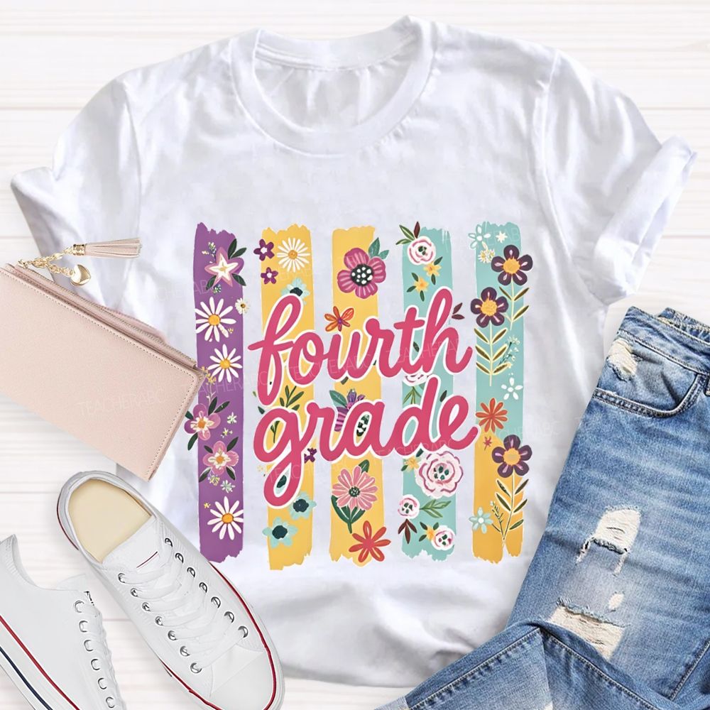 Personalized Grade Colorful Strip Flower Teacher T-shirt
