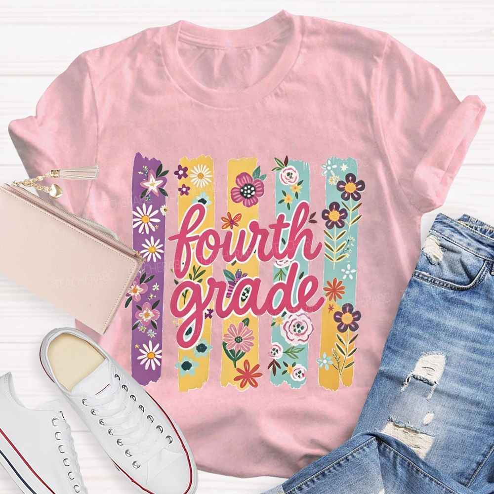 Personalized Grade Colorful Strip Flower Teacher T-shirt