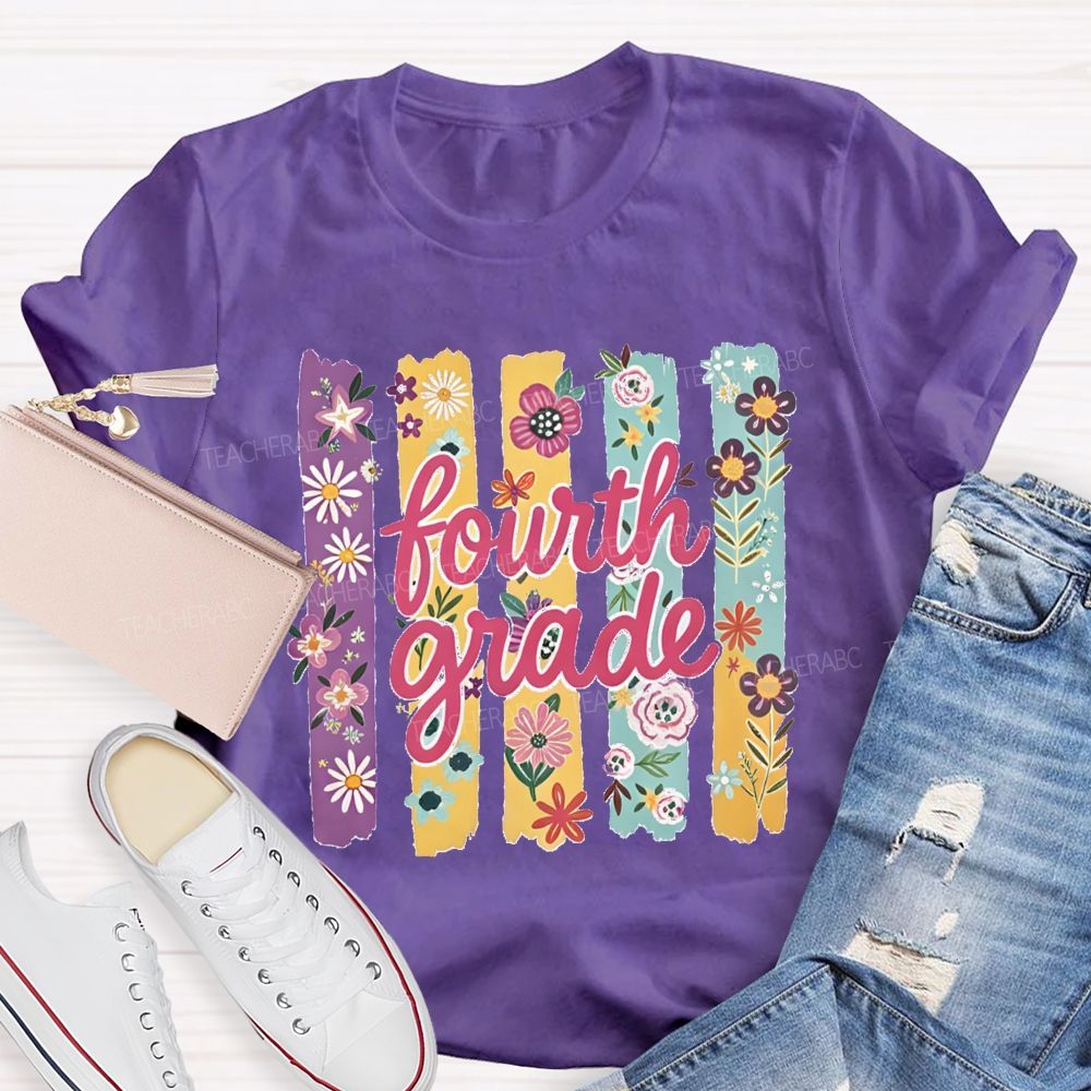 Personalized Grade Colorful Strip Flower Teacher T-shirt