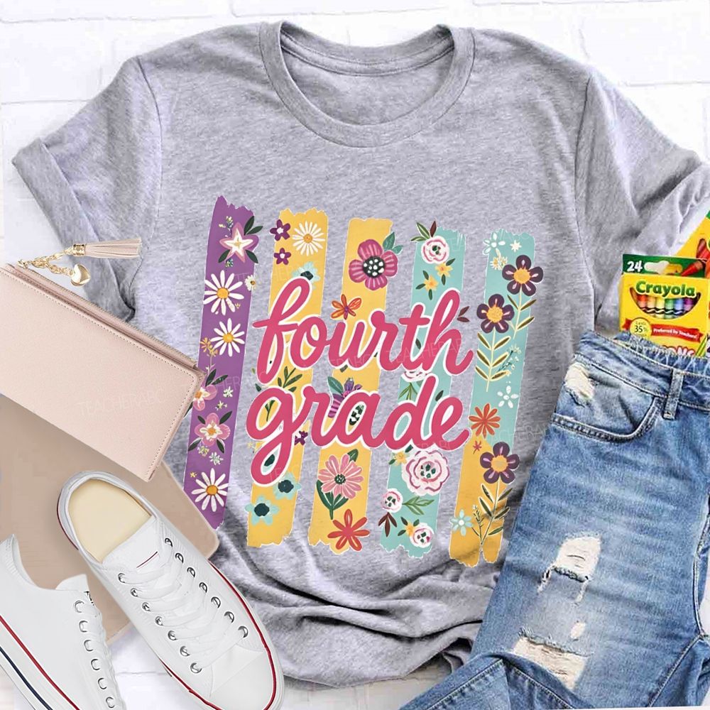 Personalized Grade Colorful Strip Flower Teacher T-shirt
