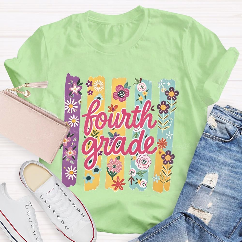 Personalized Grade Colorful Strip Flower Teacher T-shirt