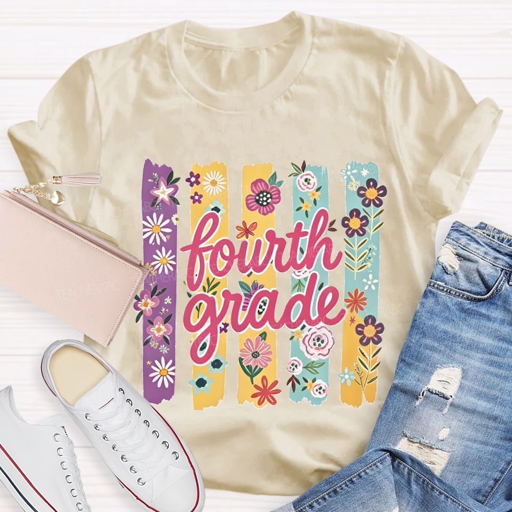 Personalized Grade Colorful Strip Flower Teacher T-shirt