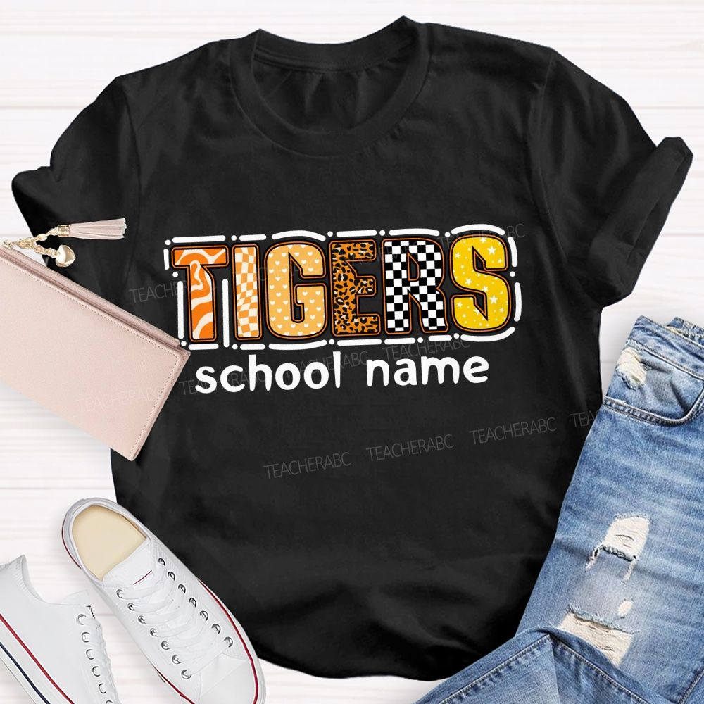 Personalized Mascot and school name Leopard Print Checkerboard And Stars Teacher T-shirt
